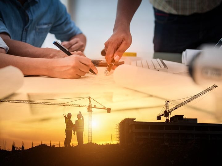 Civil Engineer Jobs, Double exposure of Project Management Team and Construction Site with tower crane background, Day and Night shift on employees job concept.